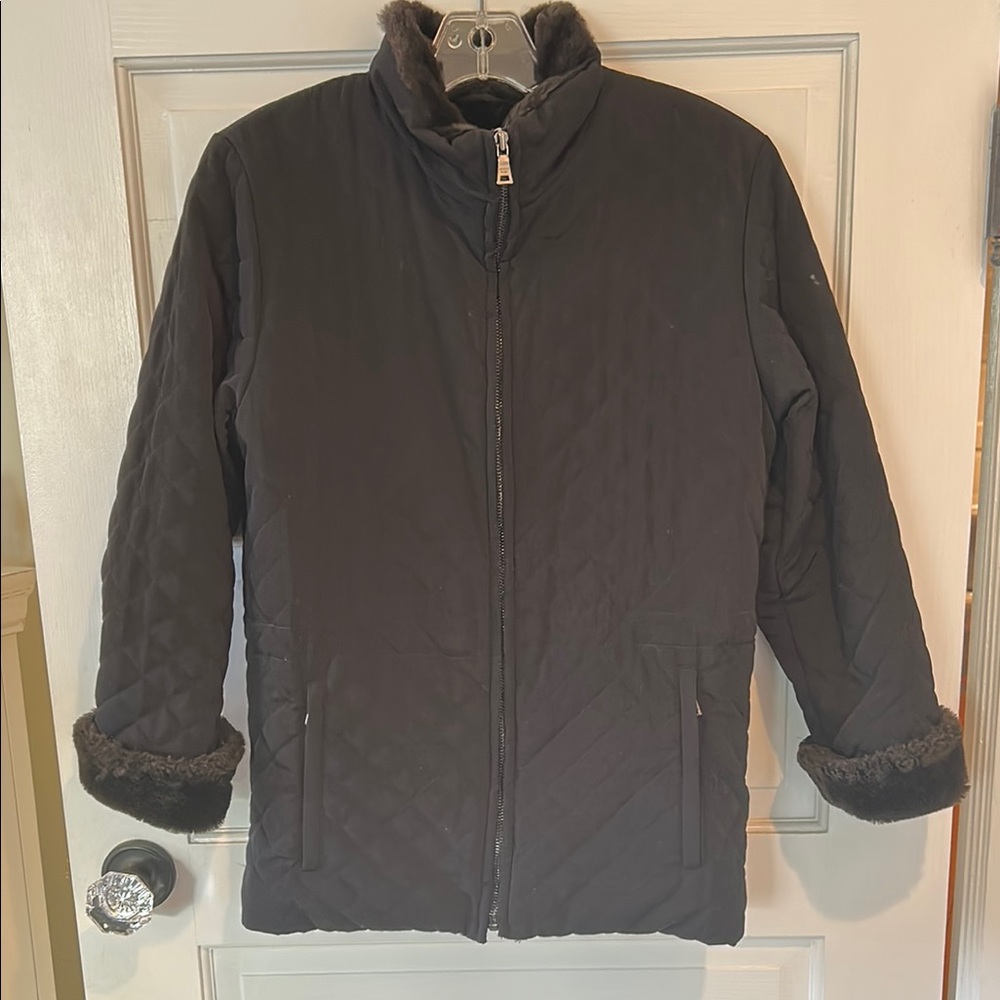 Girls Andrew Marc Black Quilted Jacket with Fur Trim